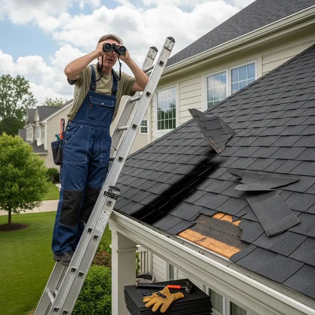 Homeowner inspecting roof for damage using binoculars, highlighting signs of missing shingles and potential issues, with tools and roofing materials visible on the ground.