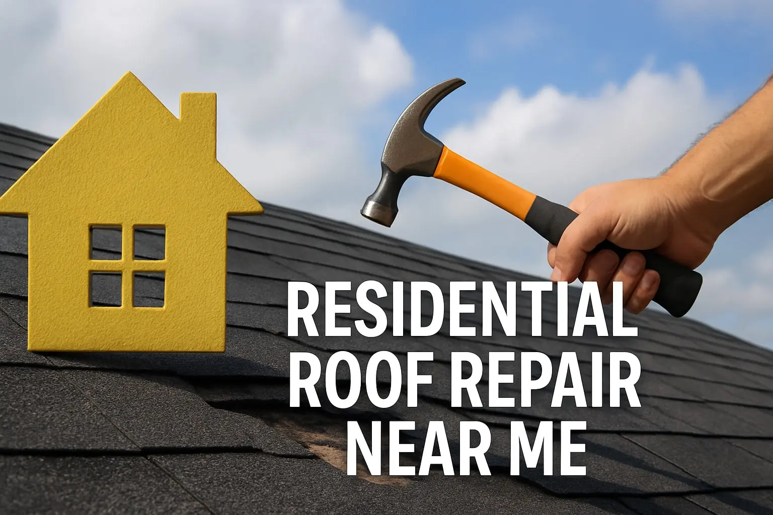 Yellow house icon and hammer on a roof with text "Residential Roof Repair Near Me," illustrating essential home maintenance and roofing services for homeowners.
