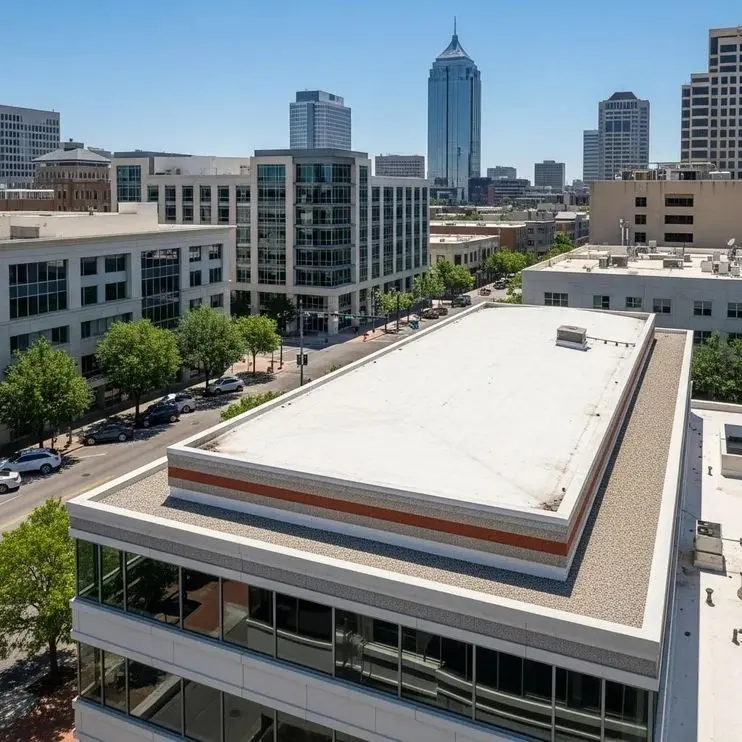 Built-Up Roofing (BUR) system on a commercial building in Fort Worth, showcasing durability and waterproofing features, with urban skyline in the background.