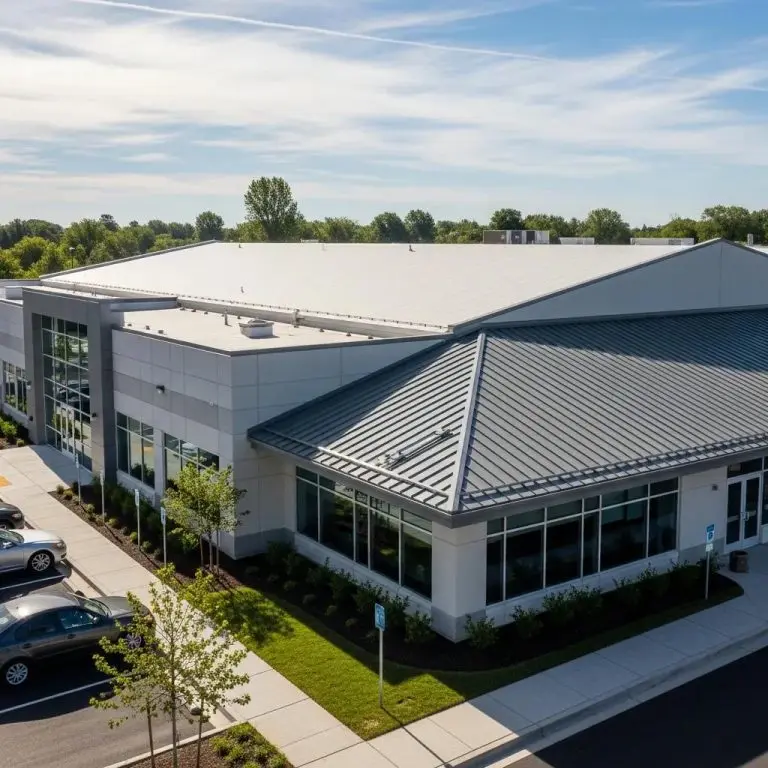 Comparison of flat and metal roofing systems on a commercial building illustrating key differences in materials and design