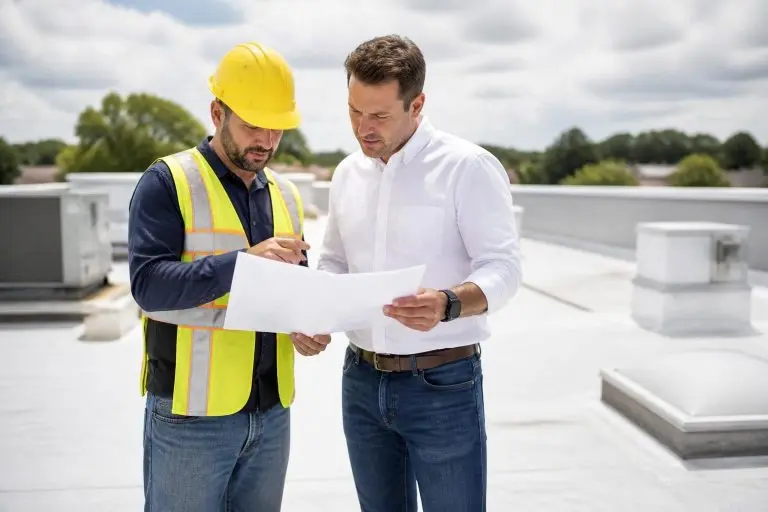 Roofer and client reviewing roofing plans on a commercial roof.