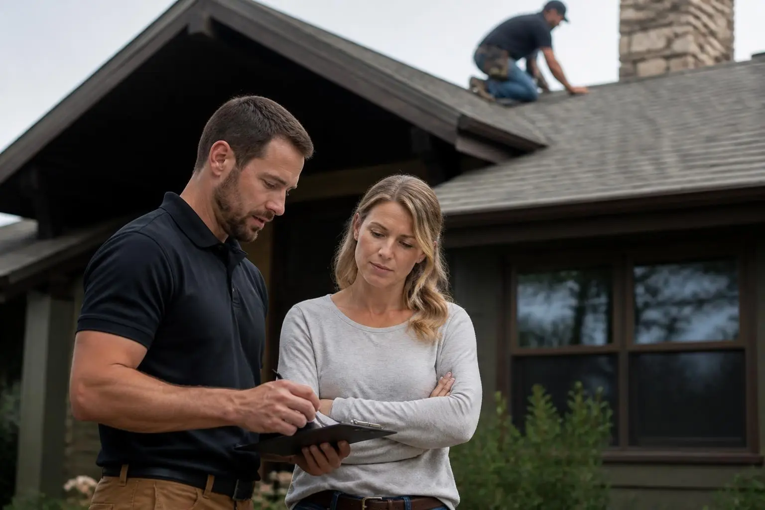 Homeowners and roofing contractor discussing roof repair options and inspection.