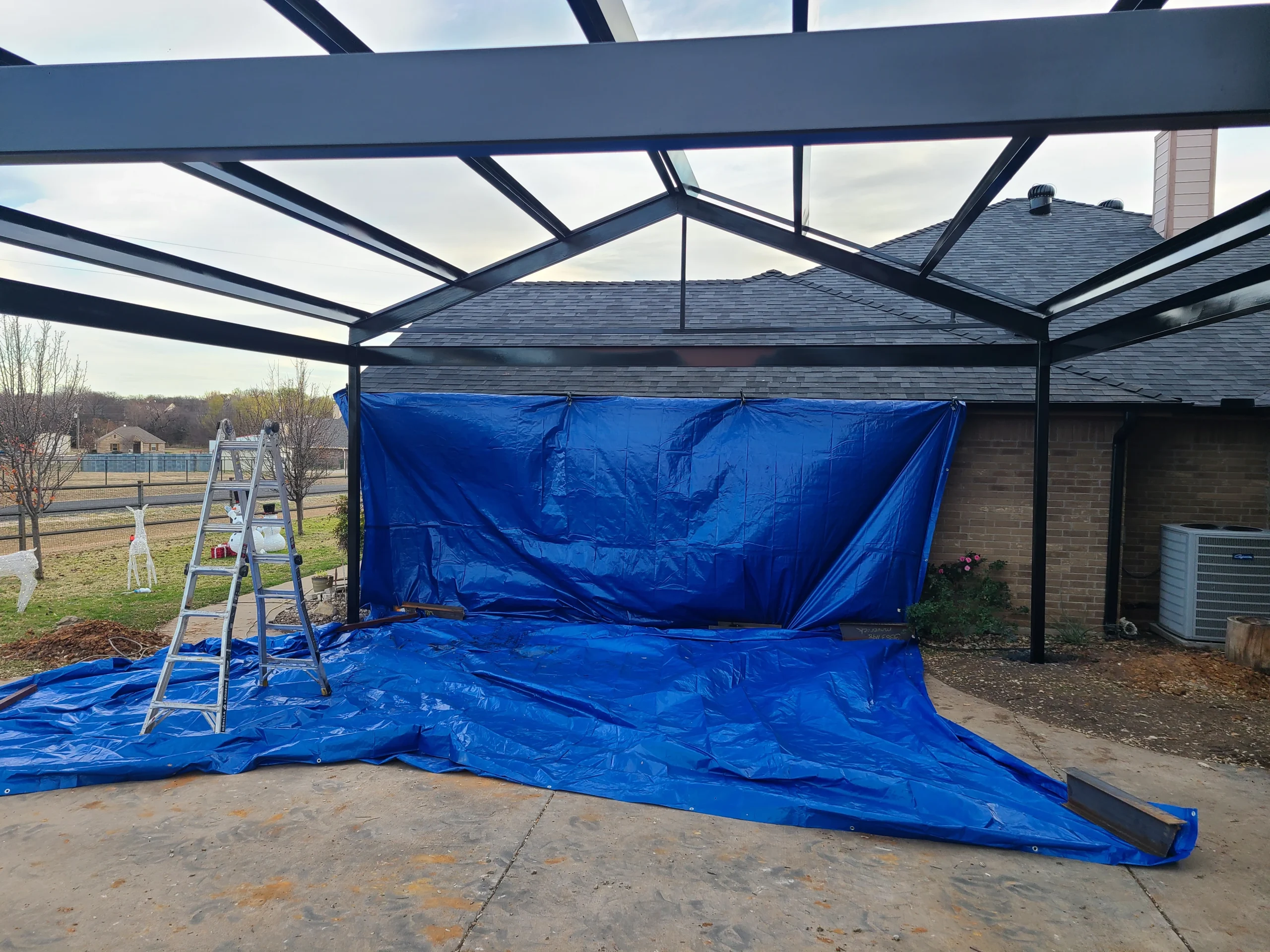 Steel canopy roof structure under construction