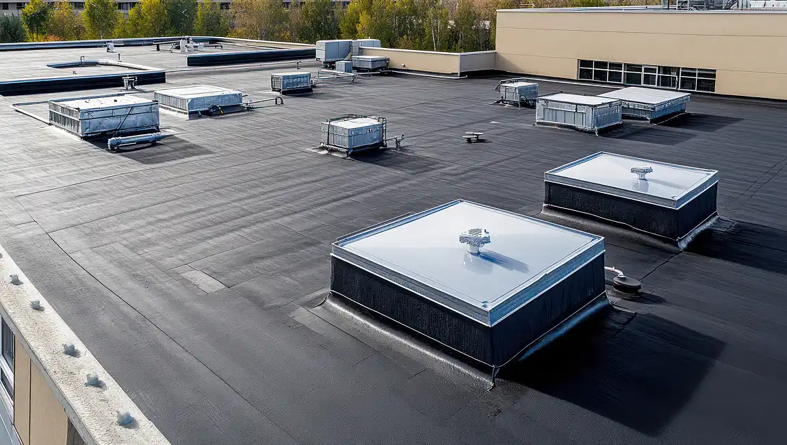 Flat roof with a professional installation in Colorado Springs, CO, showcasing durability and clean design. Flat Roofing