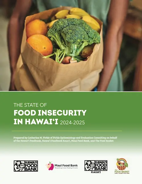 Food Insecurity in Hawaiʻi 2024–2025 report cover, child eating an apple, Hawaii Foodbank executive summary
