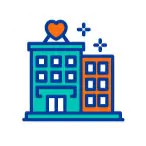 Hospital building icon with heart symbol.