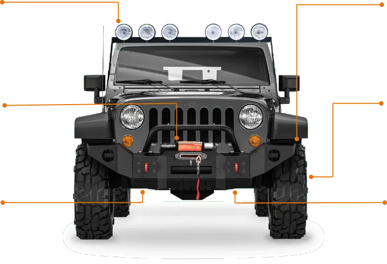 Front view of a black off-road vehicle with large tires, a winch, and mounted lights on the roof and bumper, showcasing the rugged charm that Barney Brothers brings to Grand Junction.