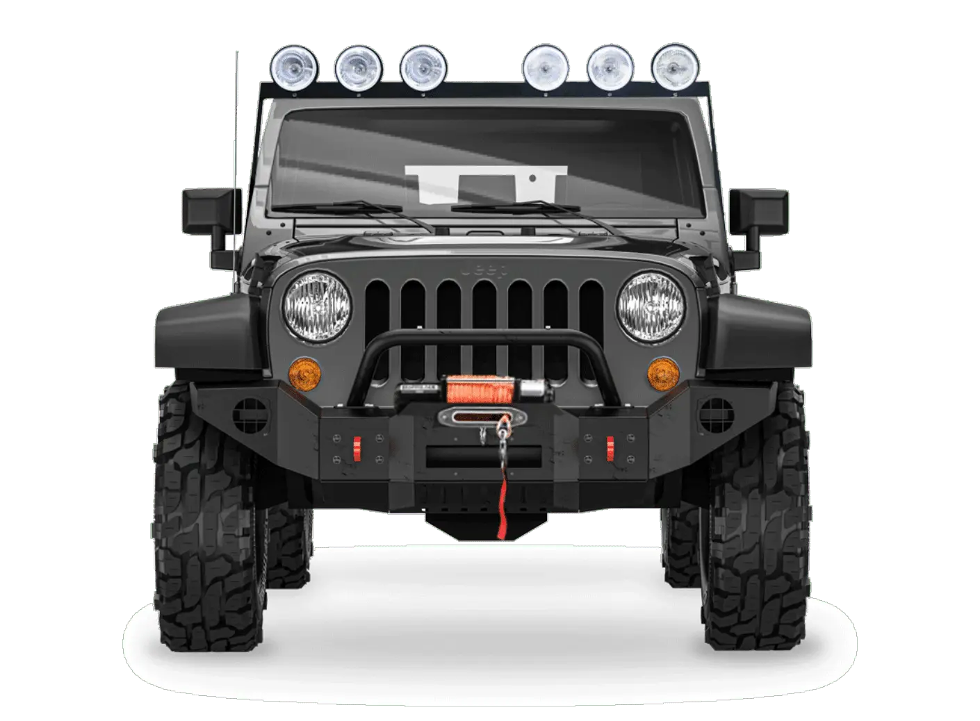 Front view of a black Jeep with off-road tires, roof-mounted lights, and a winch on the front bumper, expertly customized by Barney Brothers in Grand Junction.