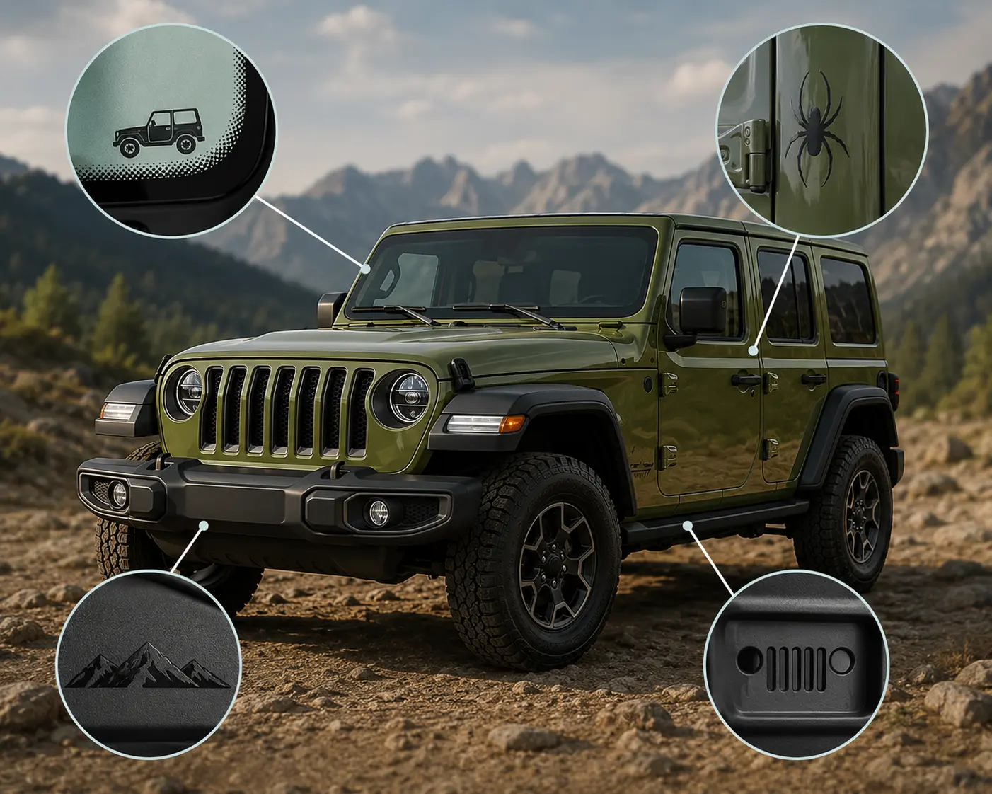 Illustration of a Jeep Wrangler with callout circles highlighting several hidden Jeep Easter eggs, including a miniature Jeep silhouette, spider graphic, mountain design, and grille icon located in different areas of the vehicle.