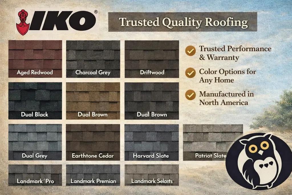 IKO shingle graphic for when were shingles invented, IKO is a more modern shingle made in Canada and many believe they are strong shingles