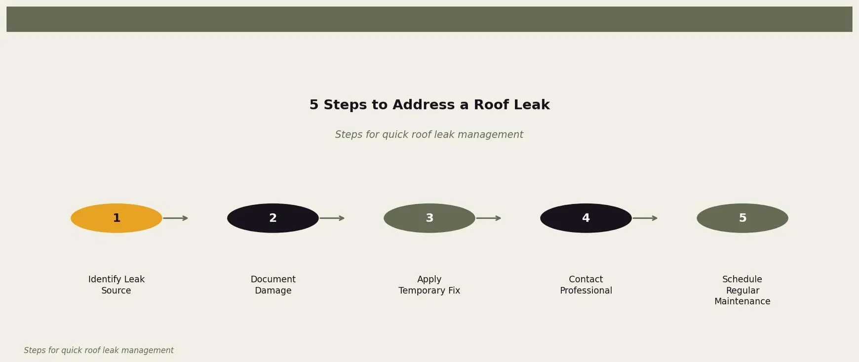 5 Steps to Address a Roof Leak — A guide for homeowners on how to handle a roof leak efficiently for Twin Cities homeowners. Keywords: roof repair minneapolis, roof repair cost minneapolis, minneapolis roof leak repair, fix roof minneapolis, shingle repair minneapolis. Owl Roofing Shoreview, MN roofing contractor infographic. Source: Steps for quick roof leak management