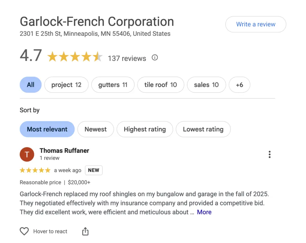 Positive review for roofing company, top minnetonka roofing companies