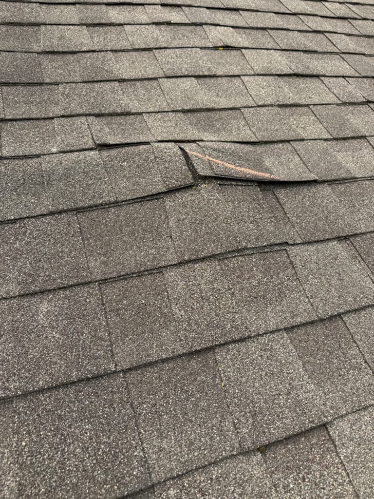 Buckled shingles on a roof.