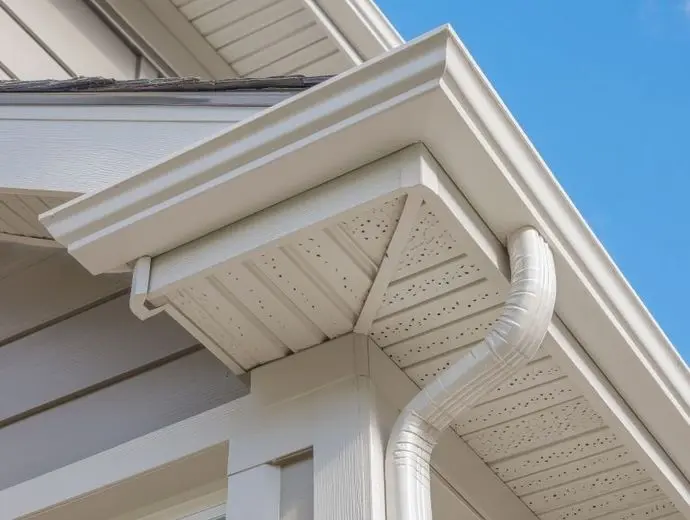 White gutter guard system, fascia, drip edge, soffit, and downspout strap with horizontal vinyl siding