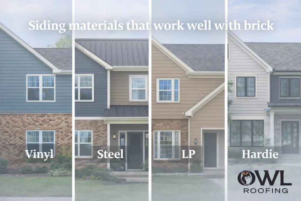 show four different homes each with a different type of siding materials that work well with brick, vinyl, steel, LP, Hardie, they all mesh well when looking at different brick and siding combinations