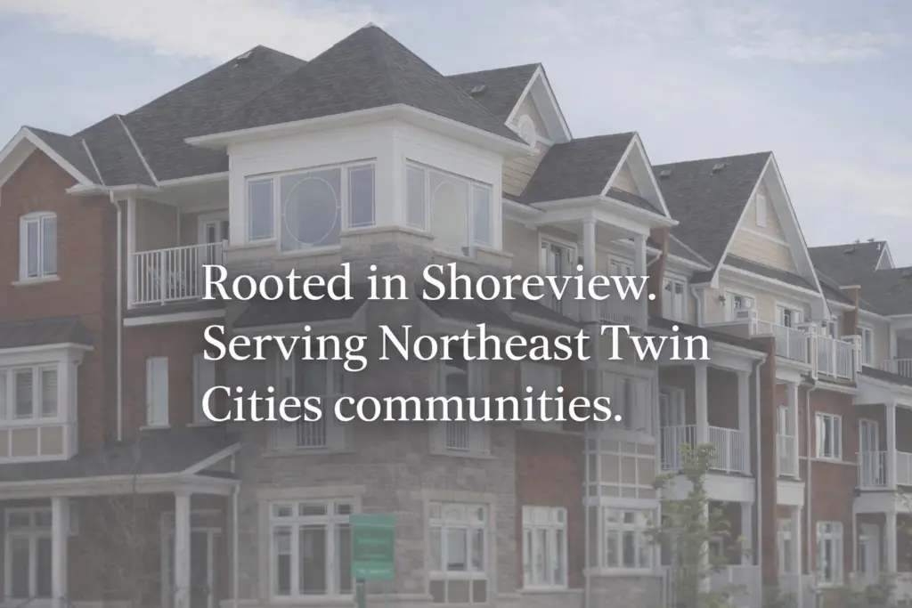 picture of a multi-family that owl roofing replaced the roof on and it says over the photo rooted in Shoreview. serving northeast twin cities communities because we are a multi-family roofing contractor