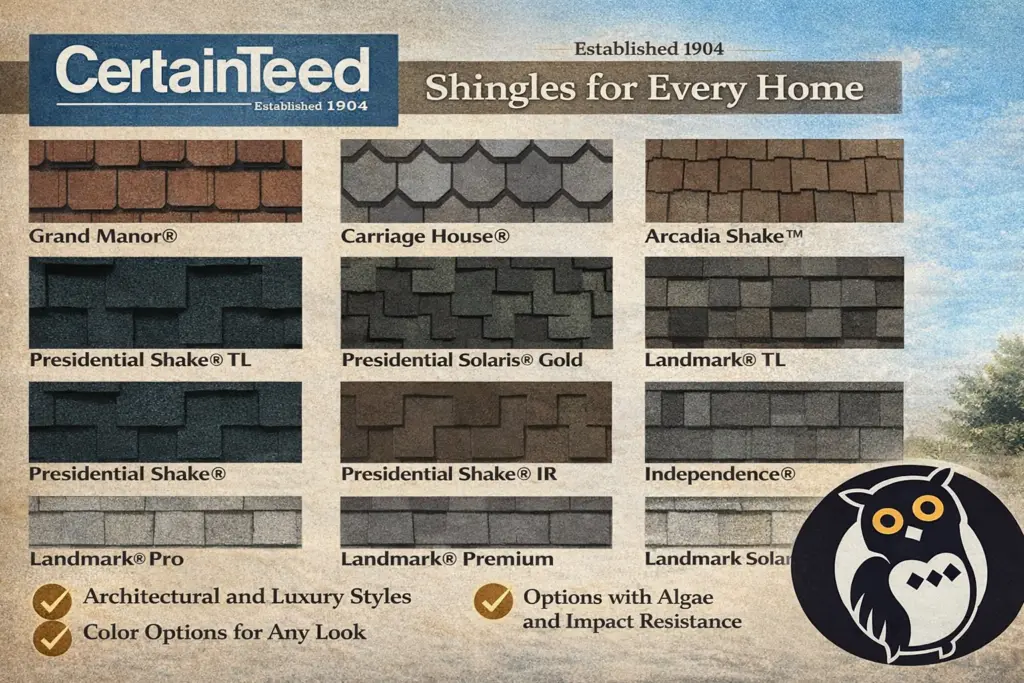 a graphic showing certainteed presidential shingles that they make and they are high quality shingles, especially the Belmont's and the Presidential Shakes.