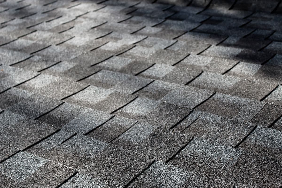 close-up of an asphalt shingle roof at an angle with dappled sunlight