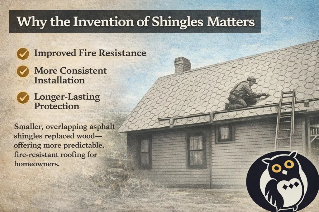 a graphic for when were asphalt shingles invented blog post and this speaks to why the invention of shingles matters and that is the title of the graphic and then it lists reasons for it