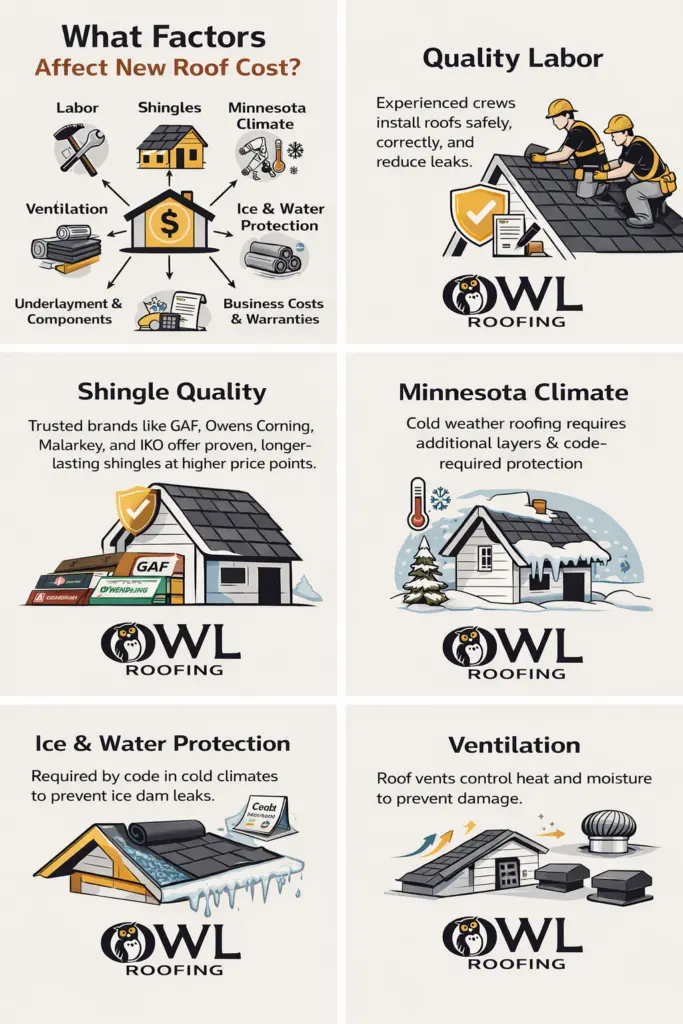 infographic showing the variable costs for a new roof which will help the consumer decide and understand how much is a new roof in Minnesota and what goes into that cost
