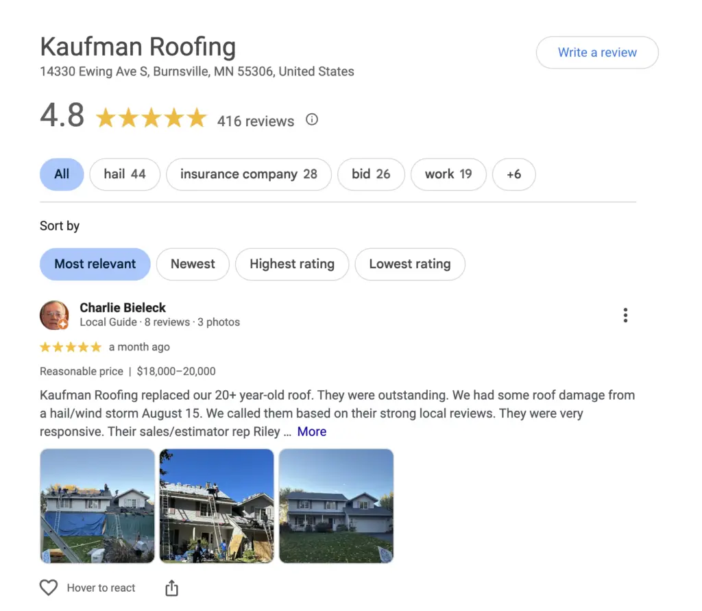 Kaufman Roofing reviews and ratings, best minnetonka roofing companies