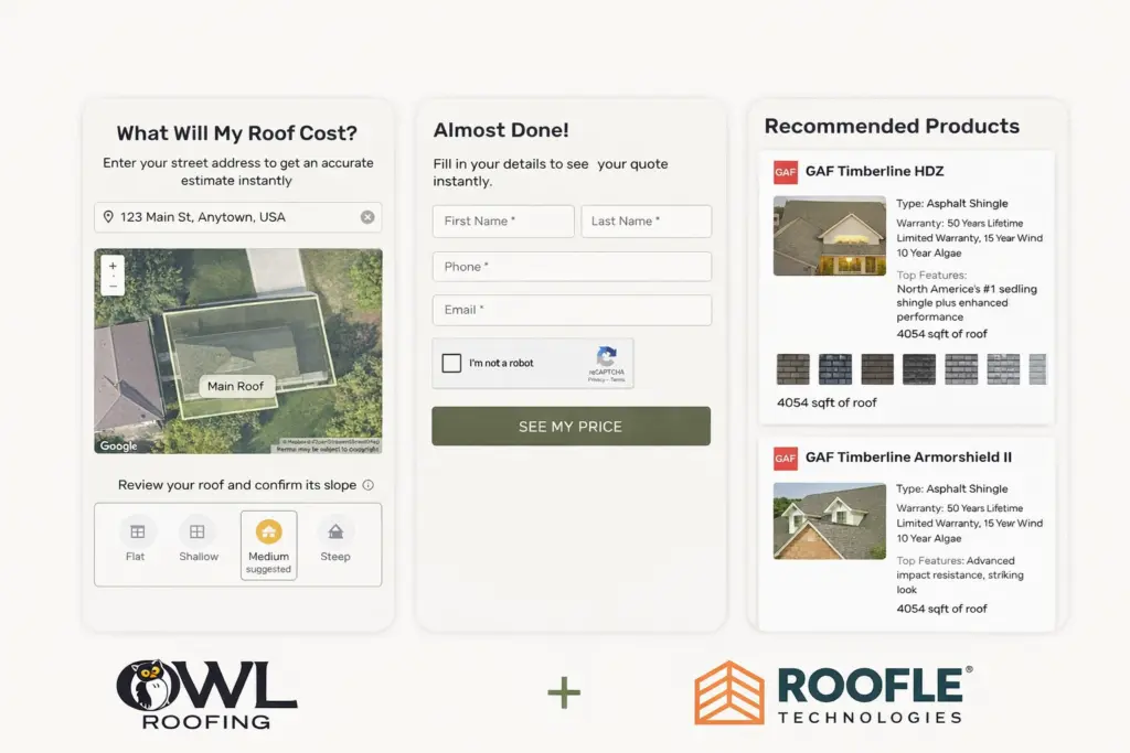 visuals of a step by step process to get an instant roof quote online through roofle which is a roofing cost estimator