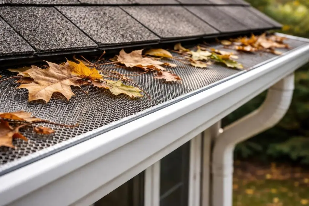 Focused capture of a residential gutter with leaf guard mesh and leaf debris