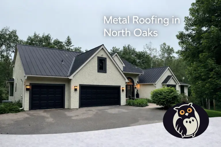 a cover photo for our blog post and it shows a picture of a house in north oaks minnesota and the text overlay says metal roofing in North oaks