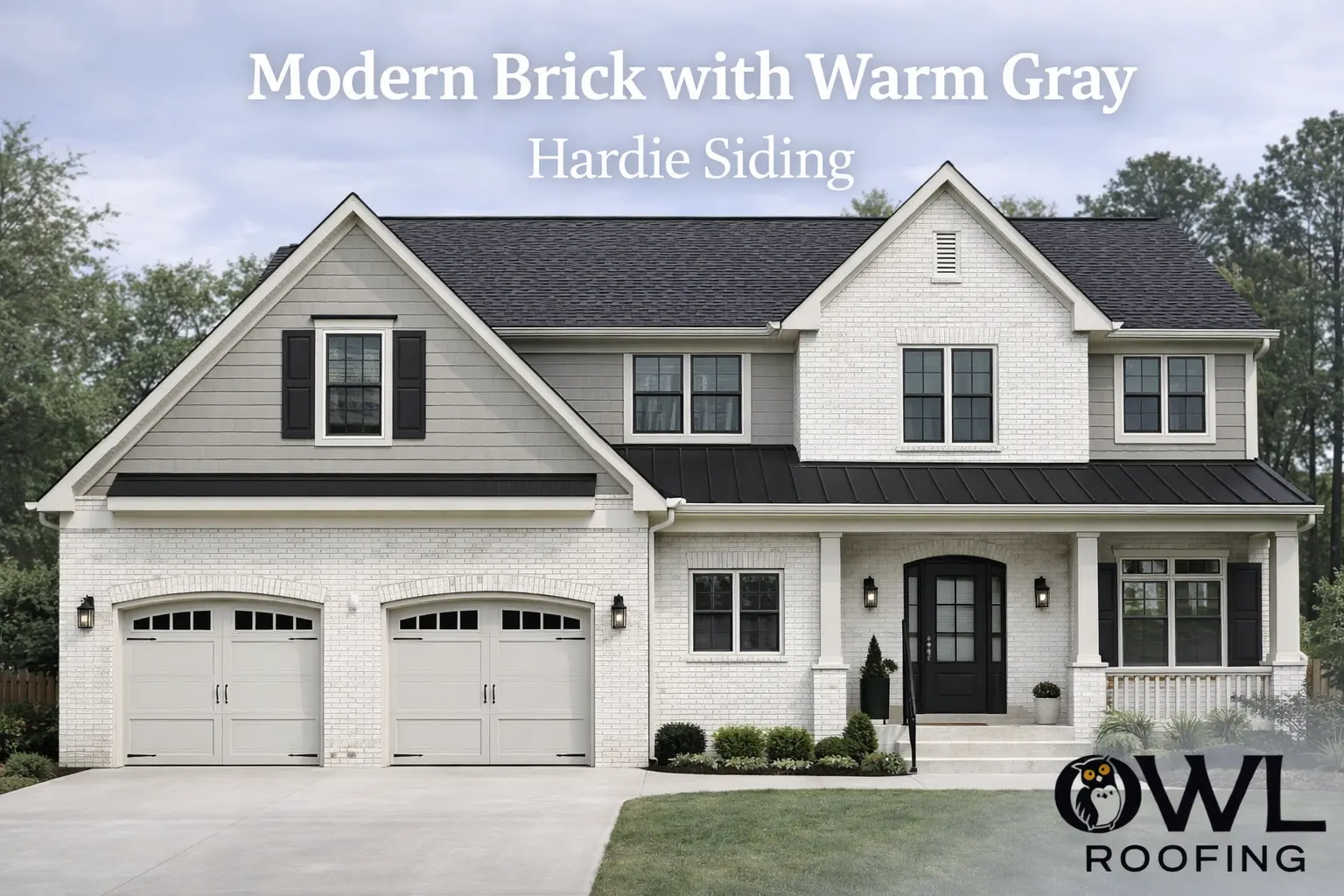 modern home with modern brick with light grey James Hardie siding and a charcoal roof with owl roofing in the bottom right hand corner