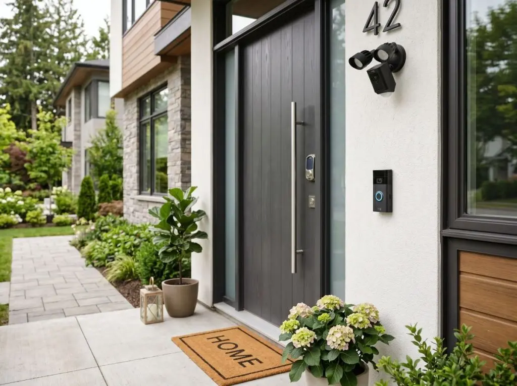 Modern dark grey front door featuring a sleek silver handle