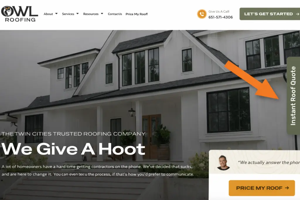 an image of the owl roofing main page with the instant roof quote tab from Roofle on the right hand side of the homepage
