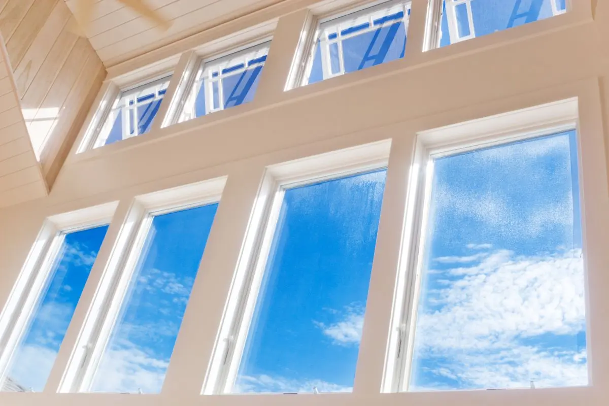 large white windows showing a blue sky