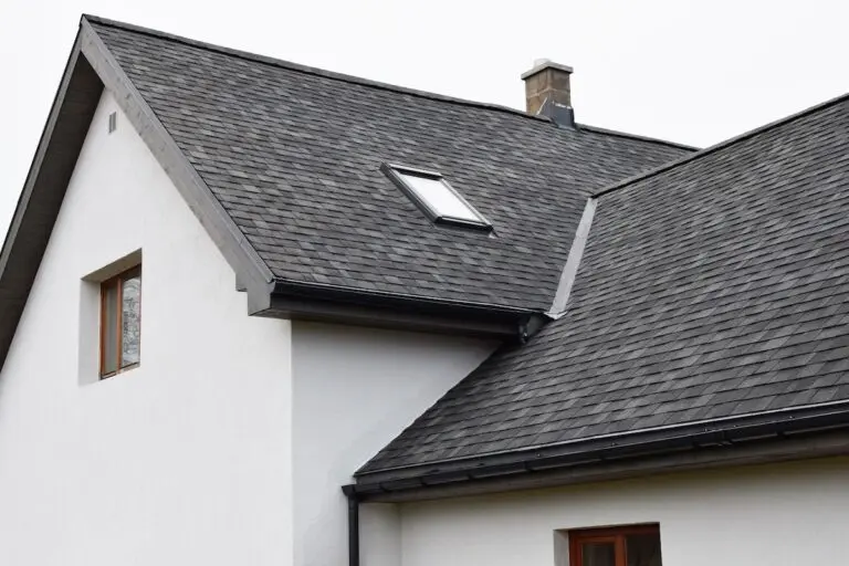 Roofing Saint Paul Part of white house with new wooden eaves, plastic rain gutter, window and chimney in grey shingles roof and brown window in facade.