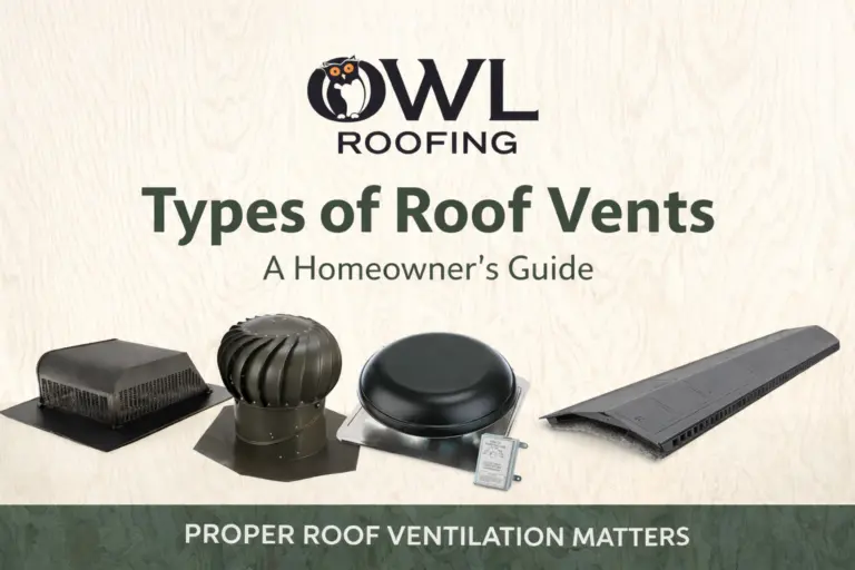 a graphic that has owl roofing logo at the top and it reads types of roof vents a homeowners guide and it has four pictures of different types of roof vents, a box vent, whirly bird, power attic fan, and ridge vent. We believe that finding the right vents for each house matters and that's why we go the extra mile