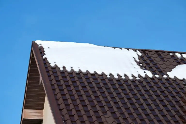 Closeup of house roof top covered with snow in cold winter