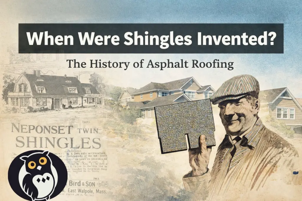 a cover photo showing a man holding the first shingle which was invited in 1903 in regards to asphalt shingles, the text overlay says when were shingles invented? because it's the history of asphalt roofing and it has the owl roofing logo in the bottom left hand corner
