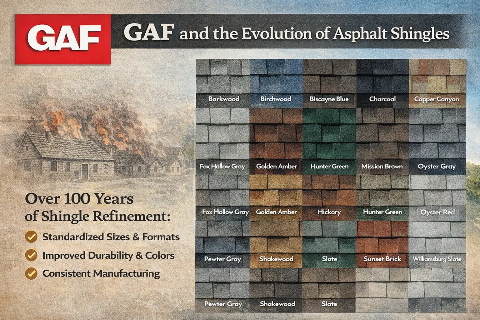 a graphic of GAF shingles showing their modern architectural shingles and how they have gotten here over the coarse of their 100 plus year history