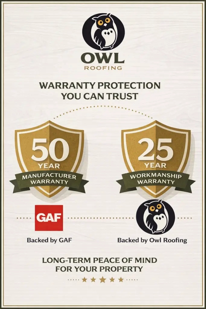 our installation will be backed by a 50 year manufacture warranty on the product by GAF and our workmanship will be backed by a 25 year warranty by owl roofing and this graphic describes both of those things