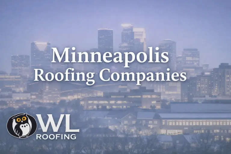 a shot of the Minneapolis skyline in the background and text overlay that reads Minneapolis roofing companies and an owl roofing logo
