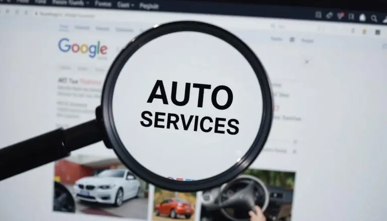 A magnifying glass hovering over a website with keywords like “auto”, “auto services”, and “car repair” highlighted, representing SEO visibility in search results.