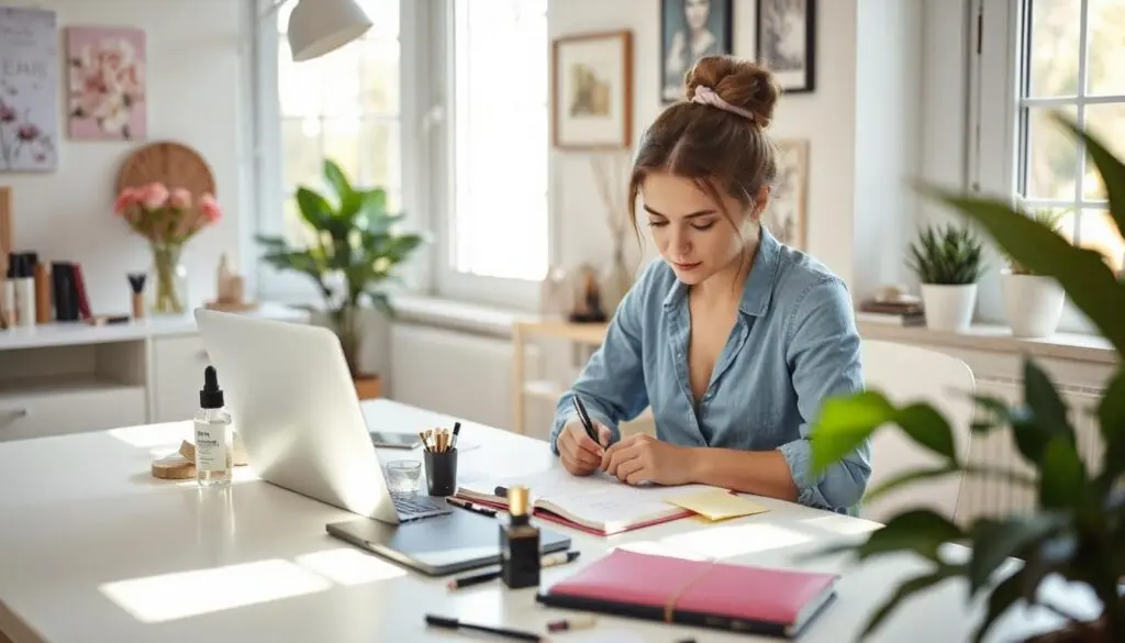 A woman working on a project in a workspace.