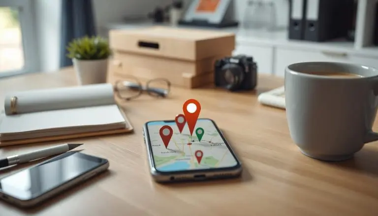 3D points sticking up from a phone, which has a map on it. Phone is on a table by some coffee.
