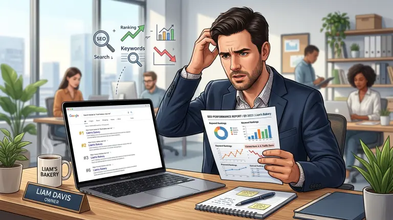 Business owner comparing Google search results on a laptop to an SEO ranking report.