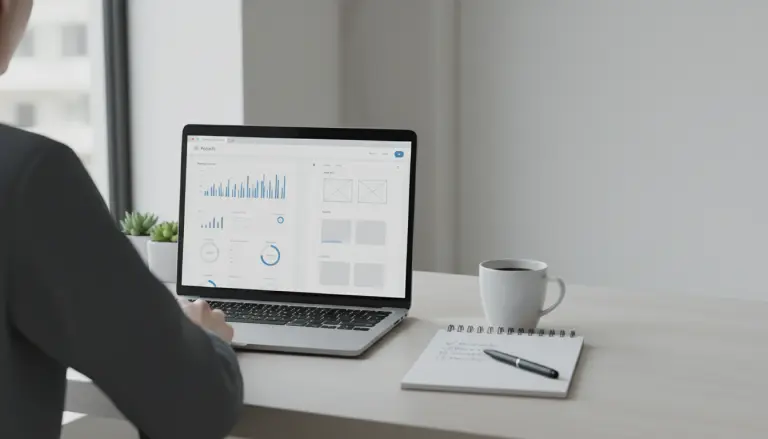 Photorealistic modern workspace scene, over-the-shoulder view of a laptop showing a clean website analytics dashboard and a simple website wireframe on screen.