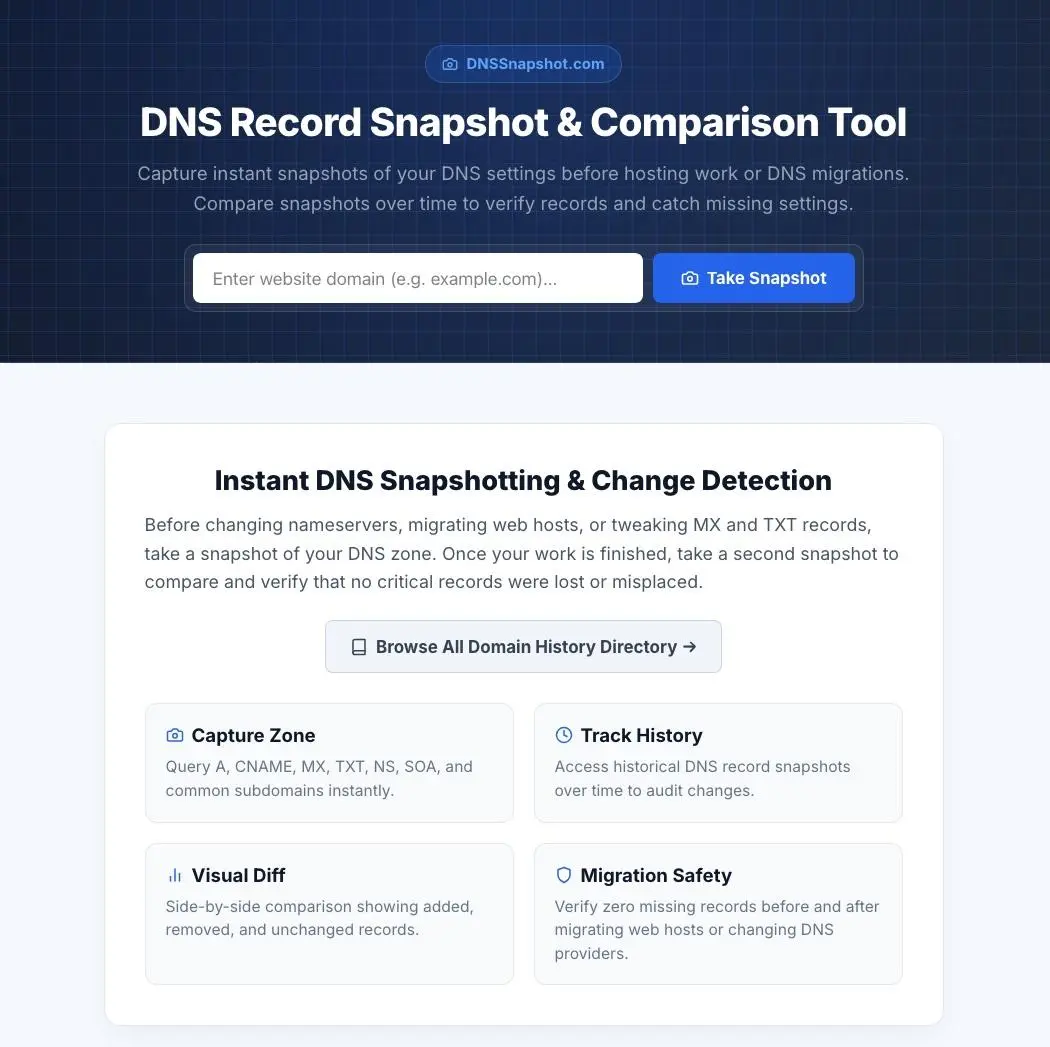 Screen shot of the DNS Snapshot tool.