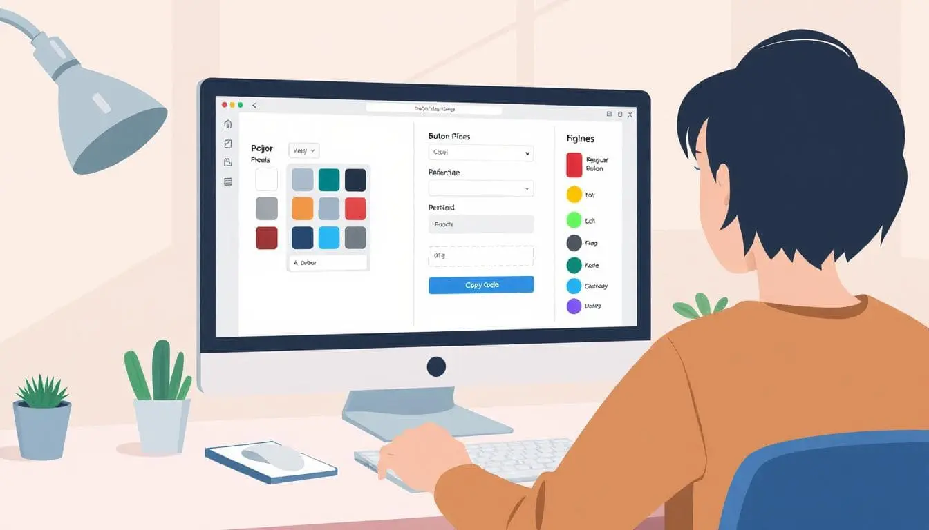 Clean modern illustration of a person creating a website button on a computer. The interface shows form fields, color swatches, a button preview, and a ‘Copy Code’ button. UI elements have rounded corners, soft drop shadows, and a polished app-like design. Bright, inviting workspace with subtle gradients and a tech-savvy vibe.