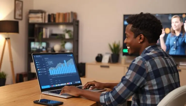 A man looking at his earnings from the CUE Broadcast affiliate program