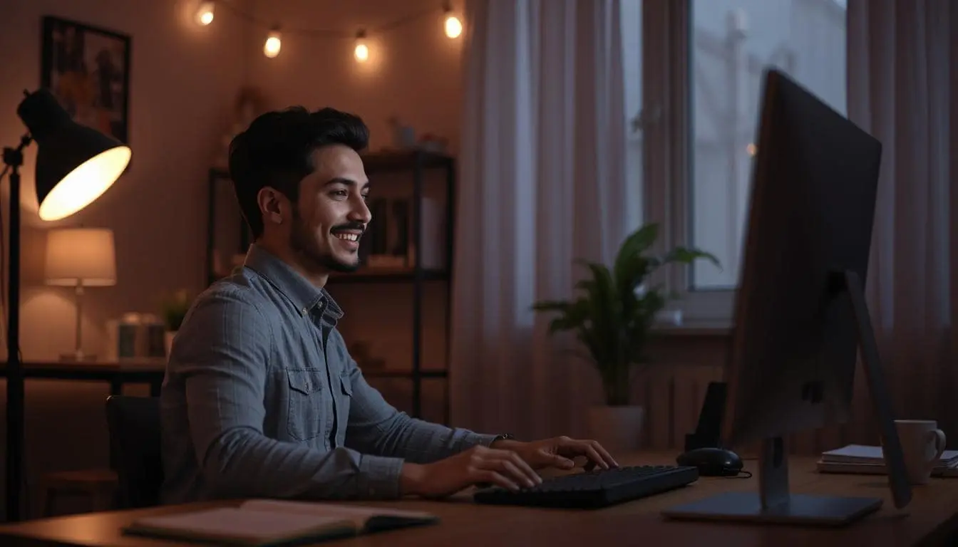 A guy at home, using his computer to make money online