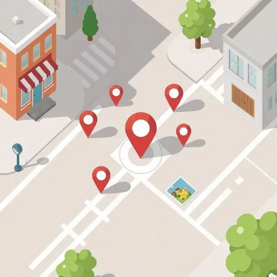 A depiction of a "near me" search with map points.