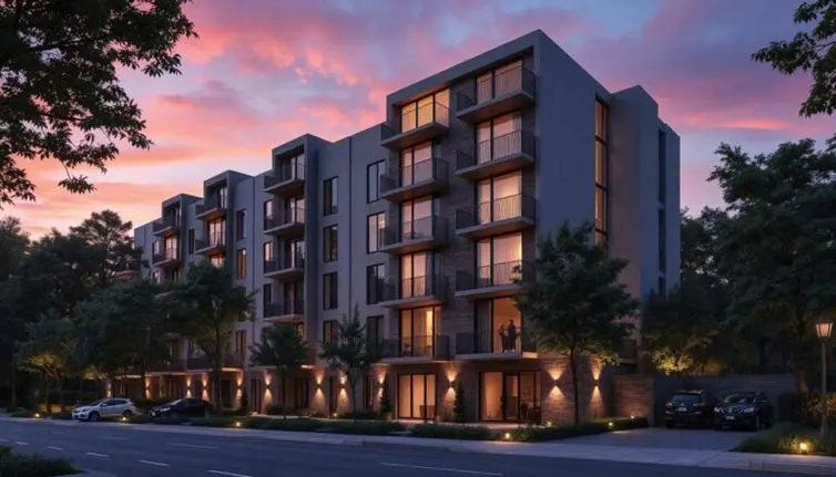 A modern, nicely kept apartment building in a city